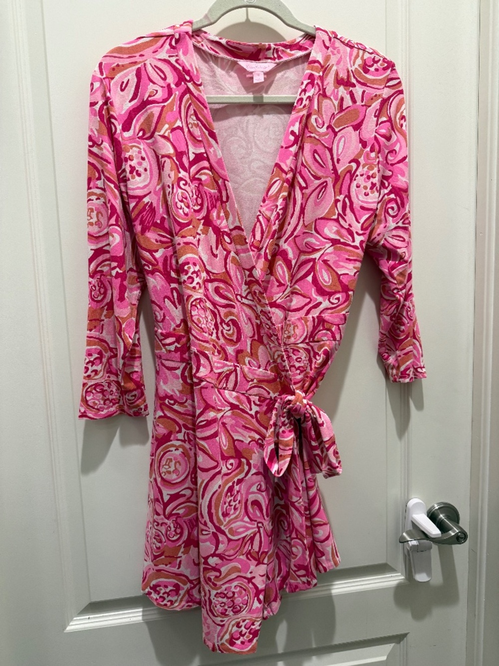 Lilly Pulitzer Karlie Faux Wrap Romper in Mango Salsa, Size XL